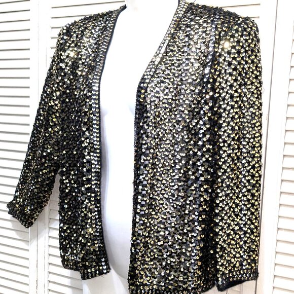 70s Sequin Crochet Cardigan Party Collectibles Size 10 Gold Silver Disco - Picture 4 of 16